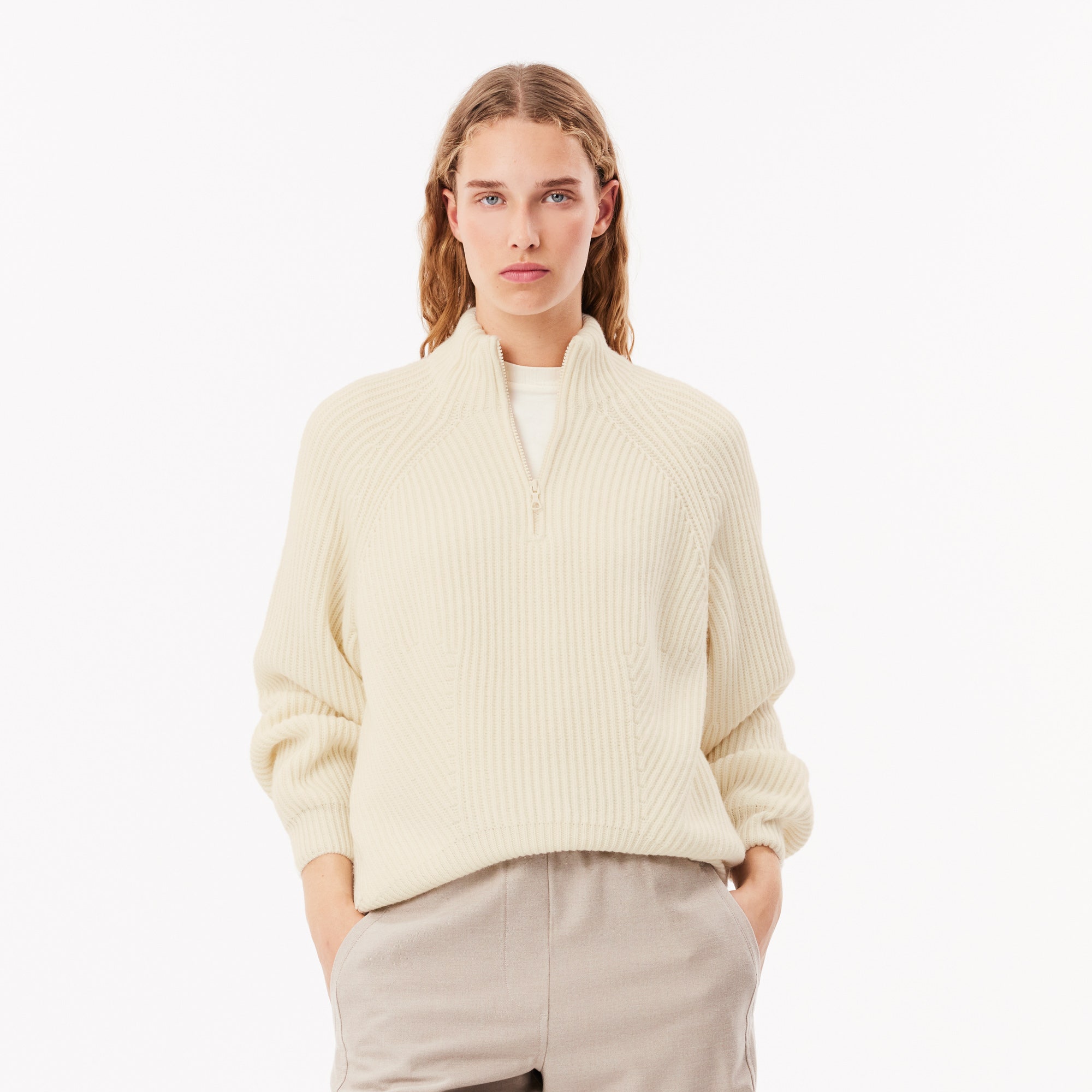 Zipped Wool Shaker Rib Knit Sweater