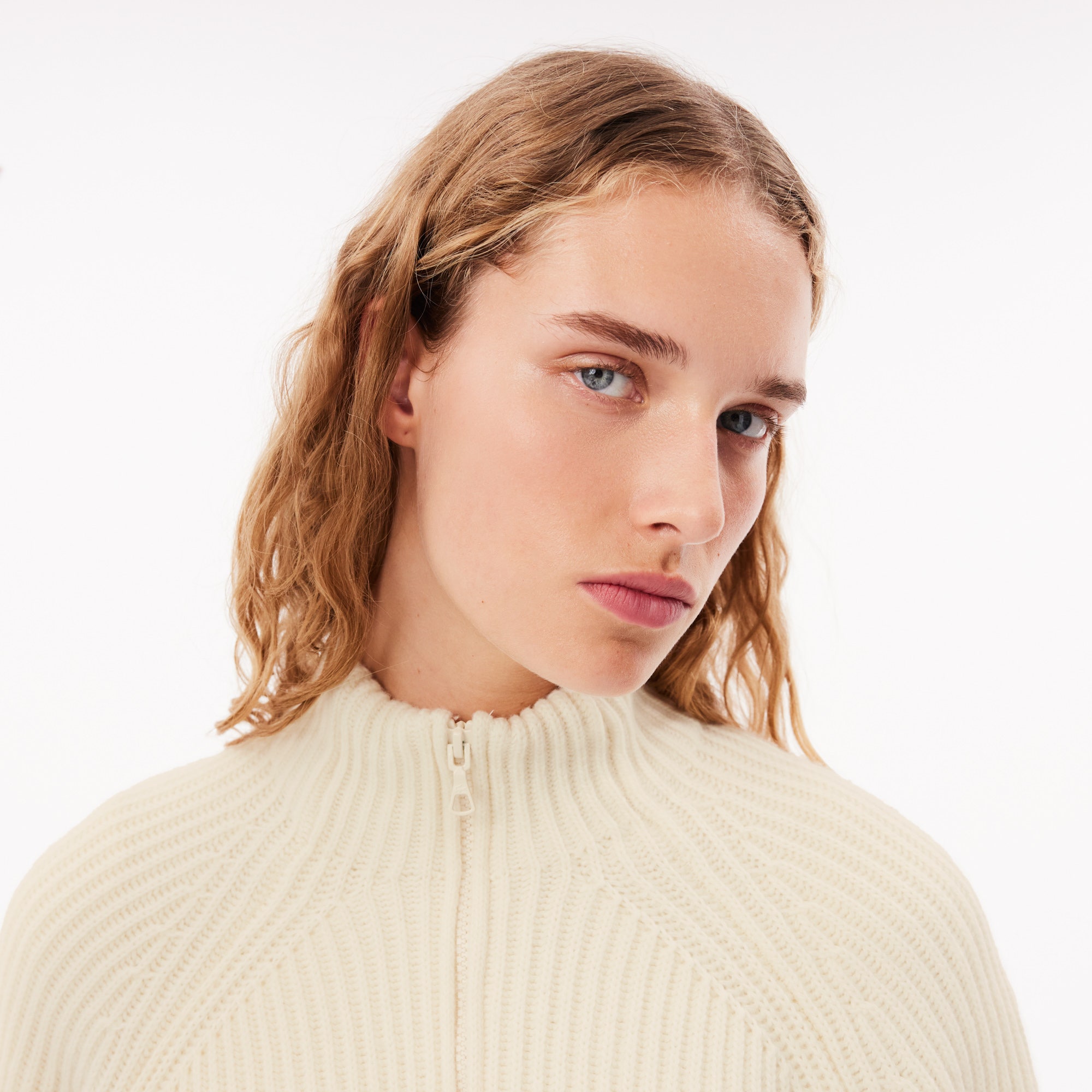 Zipped Wool Shaker Rib Knit Sweater