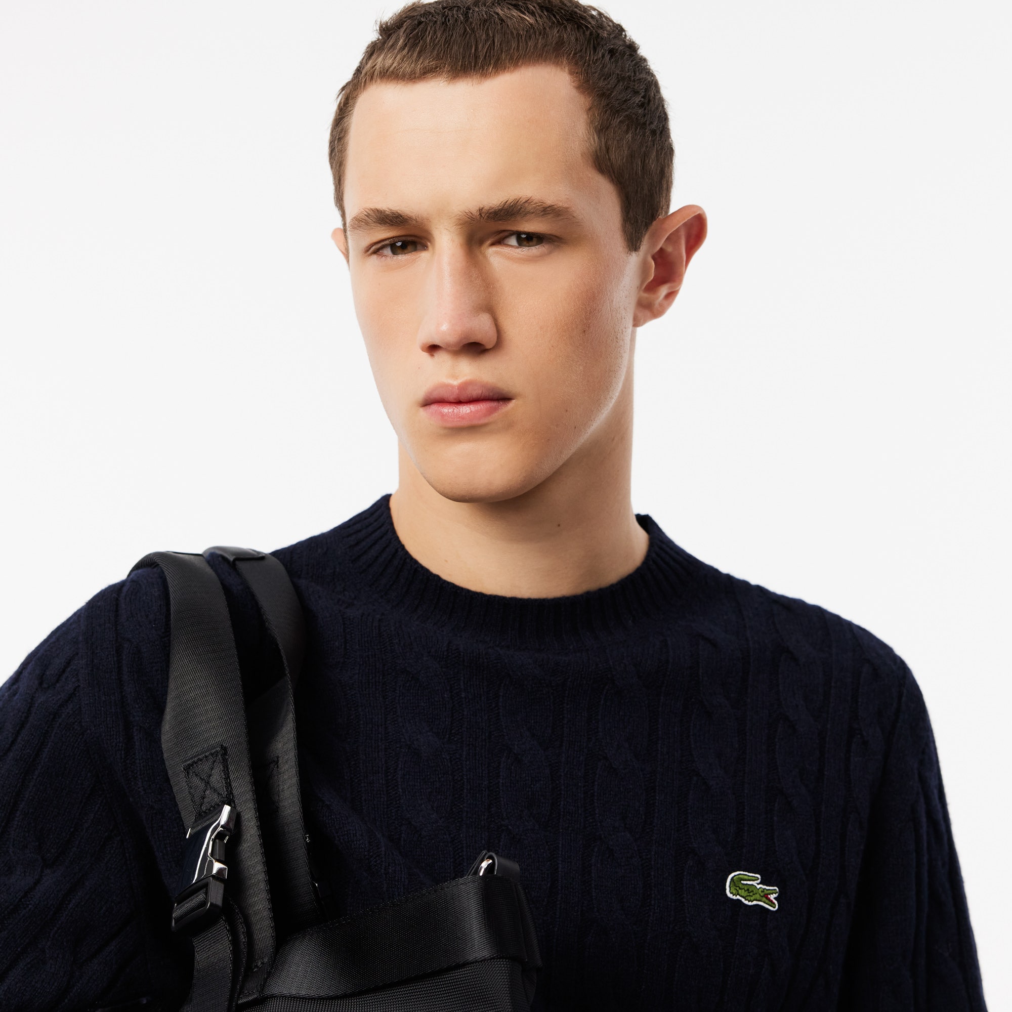 Cable Knit Carded Wool Crew Neck Sweater