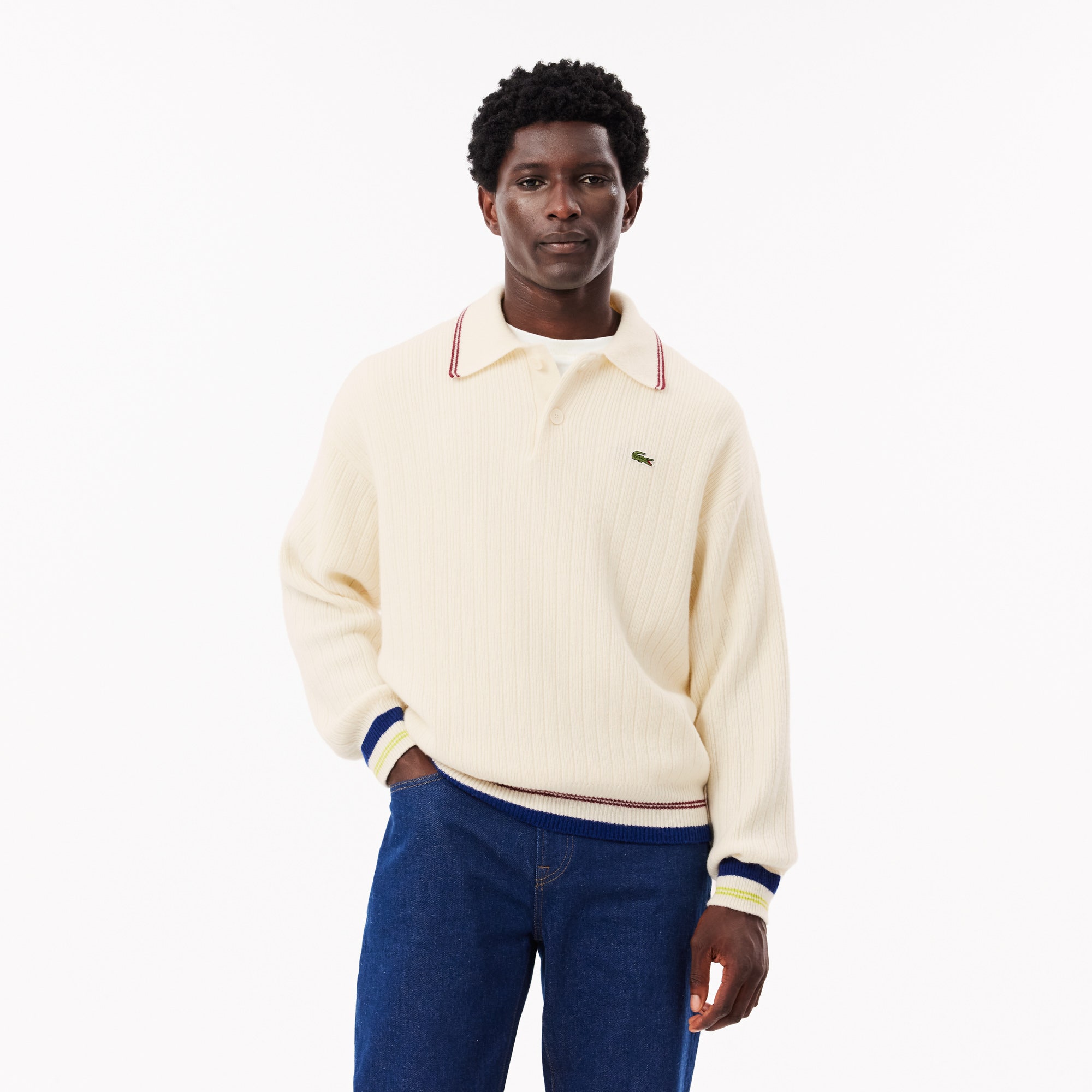 Relaxed Fit Carded Wool Polo Shirt Sweater