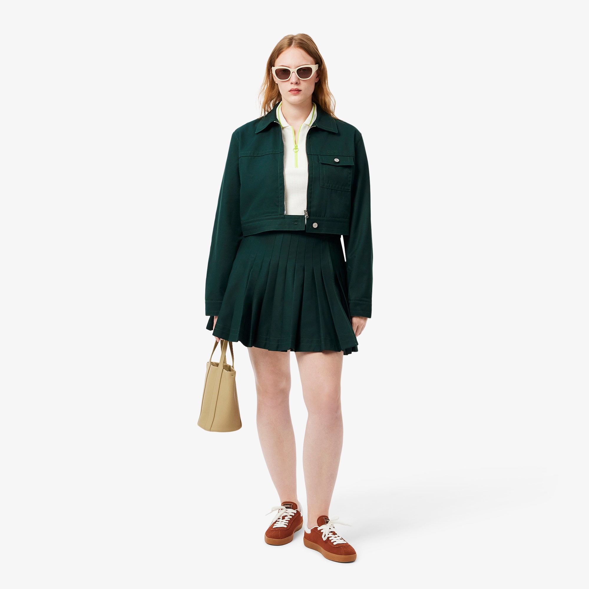 Contrast Topstitched Pleated Skirt
