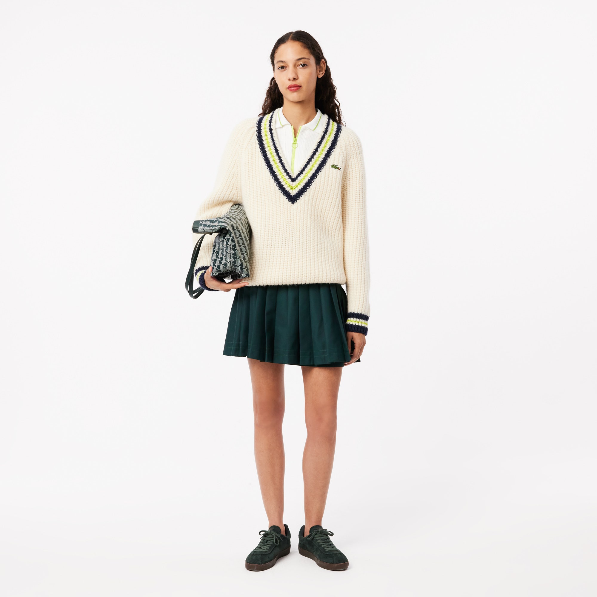 Contrast Topstitched Pleated Skirt