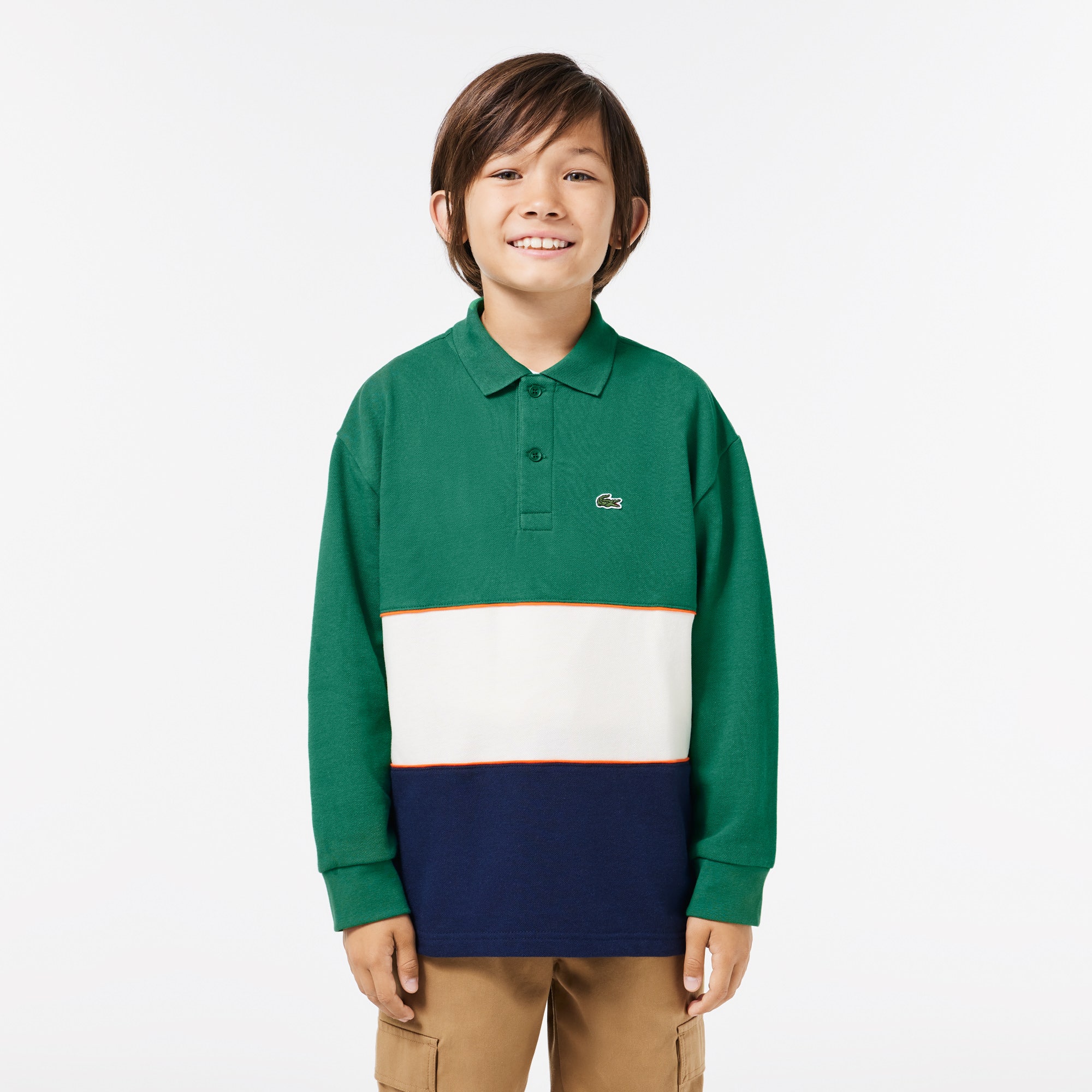 Long Sleeve Cotton Pique Colour-Block Polo Shirt
