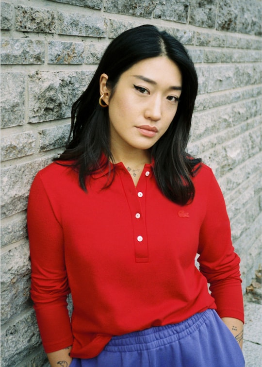 Red slim polo shirt with long crocodile sleeves